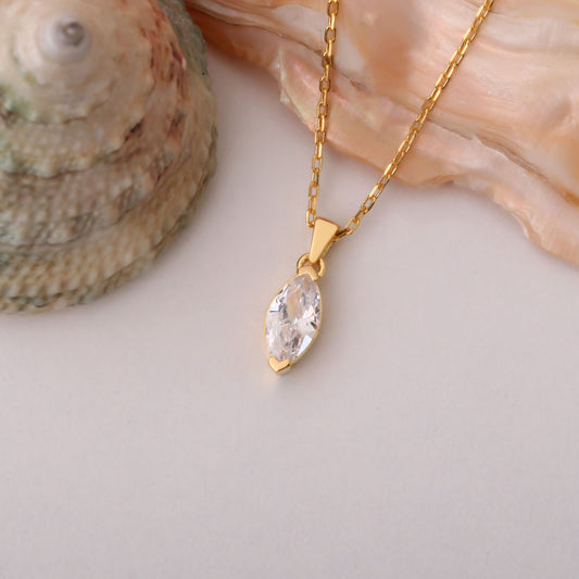 White Topaz Marquise Necklace in 14K Solid Gold | April Birthstone Pendant Queen Jewelry Necklace