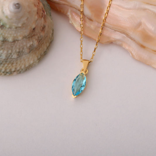 Aquamarine Marquise Necklace in 14K Solid Gold | March Birthstone Pendant Queen Jewelry Necklace