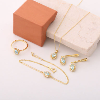Oval Cut Aquamarine Necklace with Real Diamonds, 10K/14K Solid Gold, March Birthstone Pendant