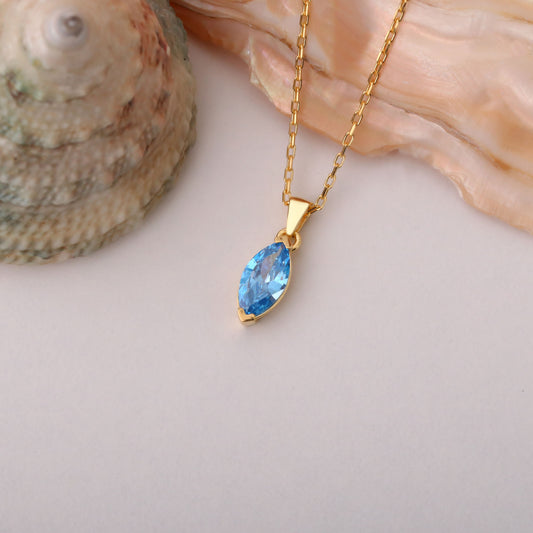 Blue Topaz Marquise Necklace in 14K Solid Gold | December Birthstone Pendant Queen Jewelry Necklace