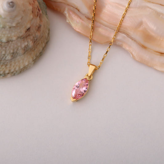 Pink Tourmaline Marquise Necklace in 14K Solid Gold | October Birthstone Pendant Queen Jewelry Necklace