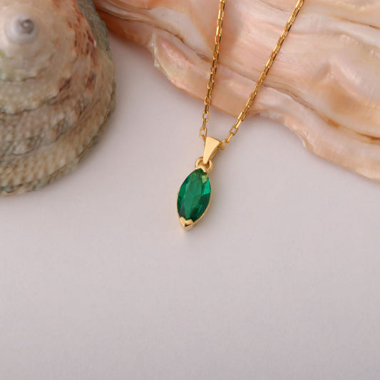 Emerald Marquise Necklace in 14K Solid Gold | May Birthstone Pendant Queen Jewelry Necklace