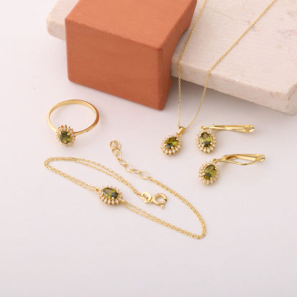 Peridot Oval Bracelet 8K/10K/14K Solid Gold Surrounded by Real Diamonds, August Birthstone Gift