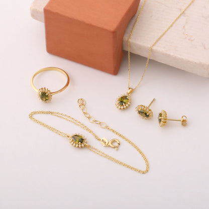 Oval Cut Peridot Necklace with Real Diamonds, 10K/14K Solid Gold, August Birthstone Pendant