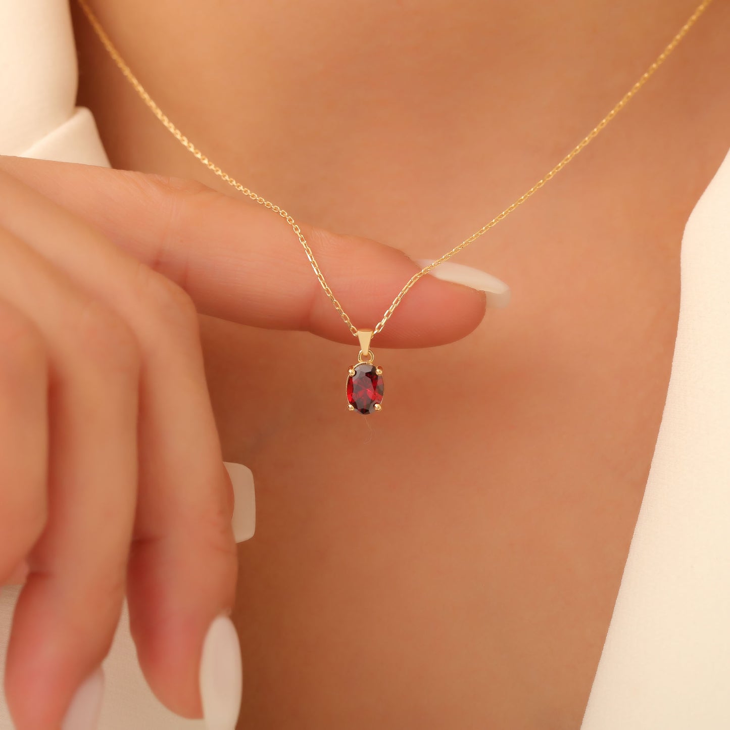 Garnet Oval Necklace in 14K Solid Gold | January Birthstone Pendant Queen Jewelry Necklace