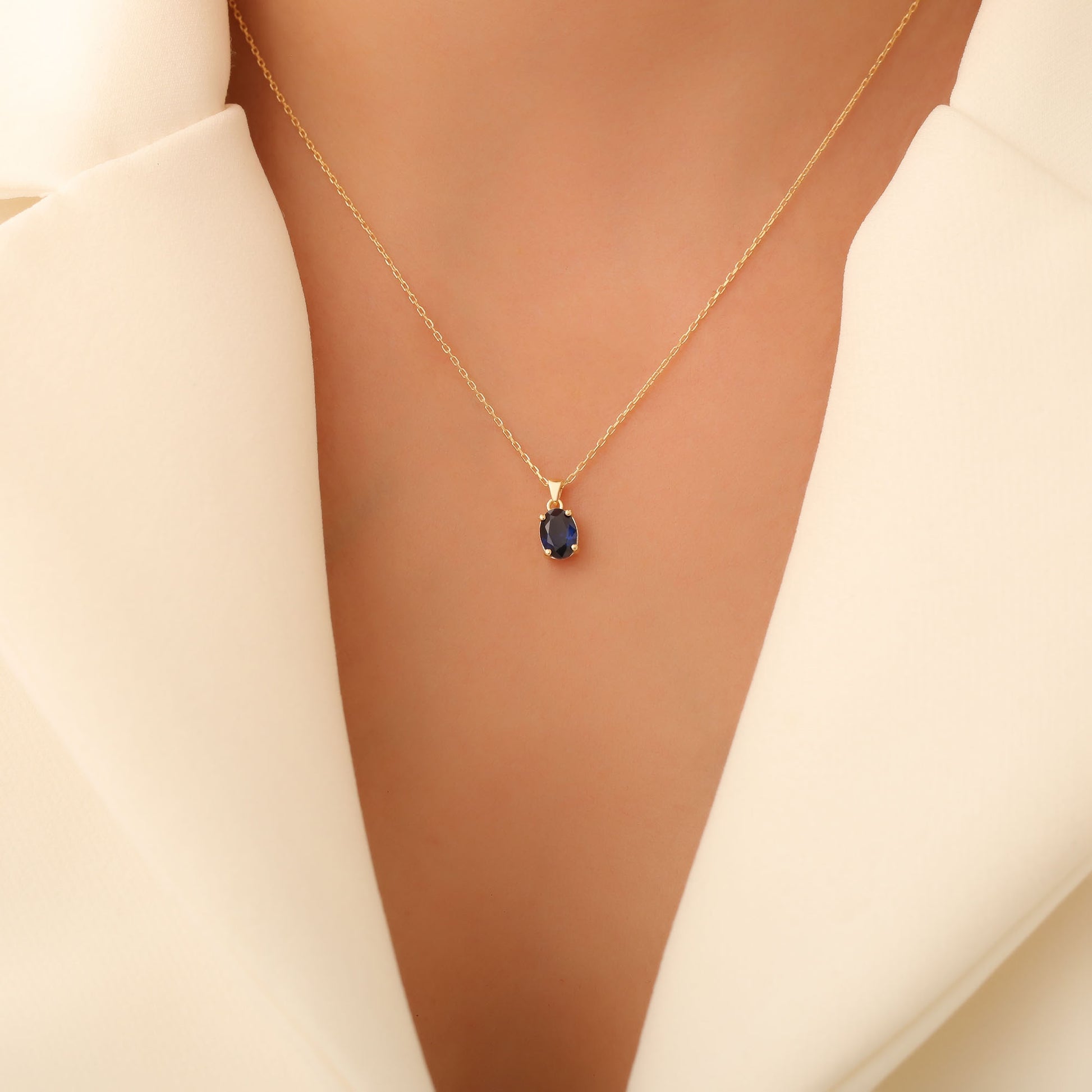 Sapphire Oval Necklace in 14K Solid Gold | September Birthstone Pendant Queen Jewelry Necklace