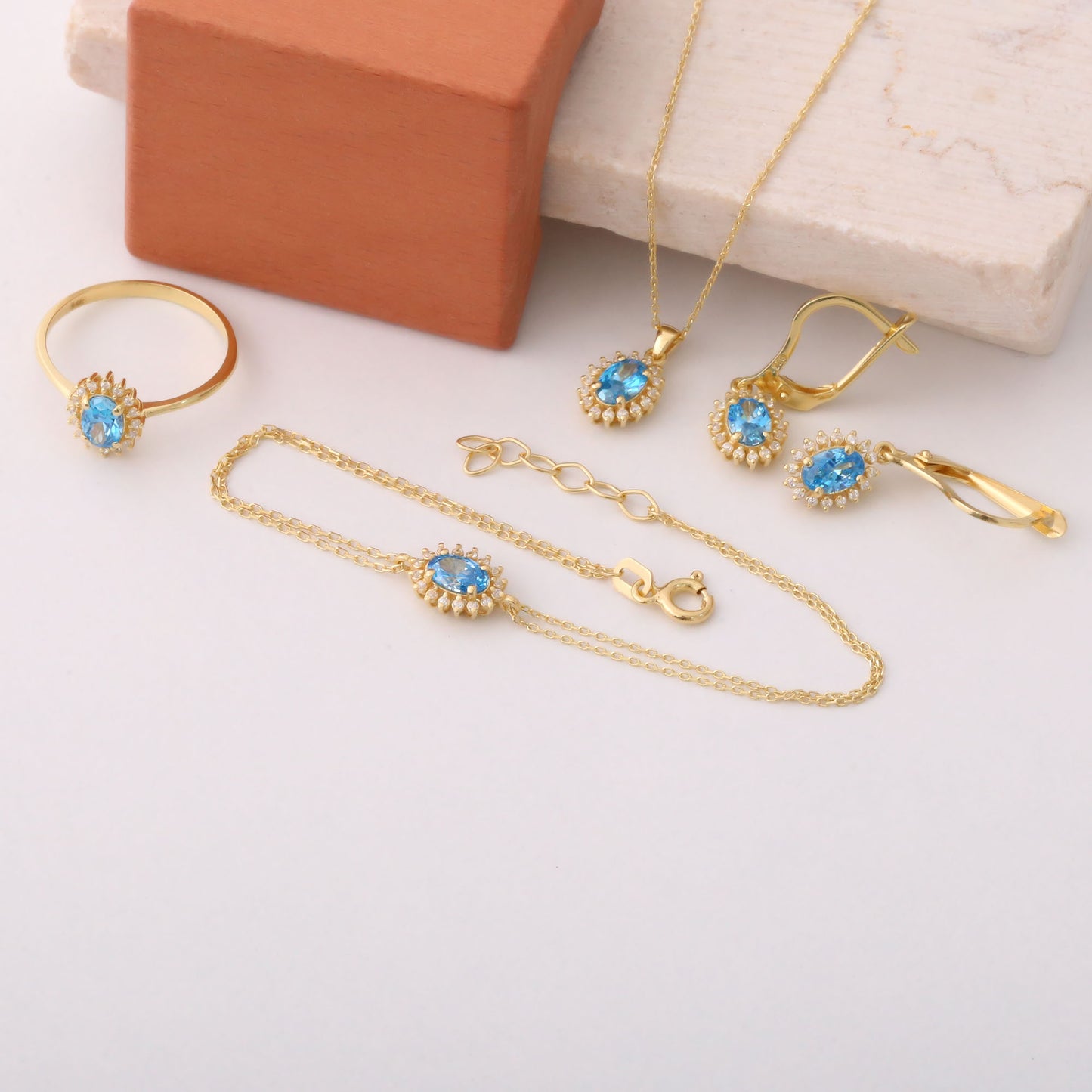 Blue Topaz Oval Ring 8K/10K/14K Solid Gold Surrounded by Real Diamonds, December Birthstone Gift