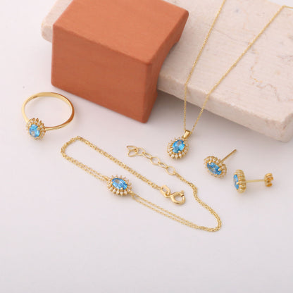 Blue Topaz Oval Bracelet 8K/10K/14K Solid Gold Surrounded by Real Diamonds, December Birthstone Gift