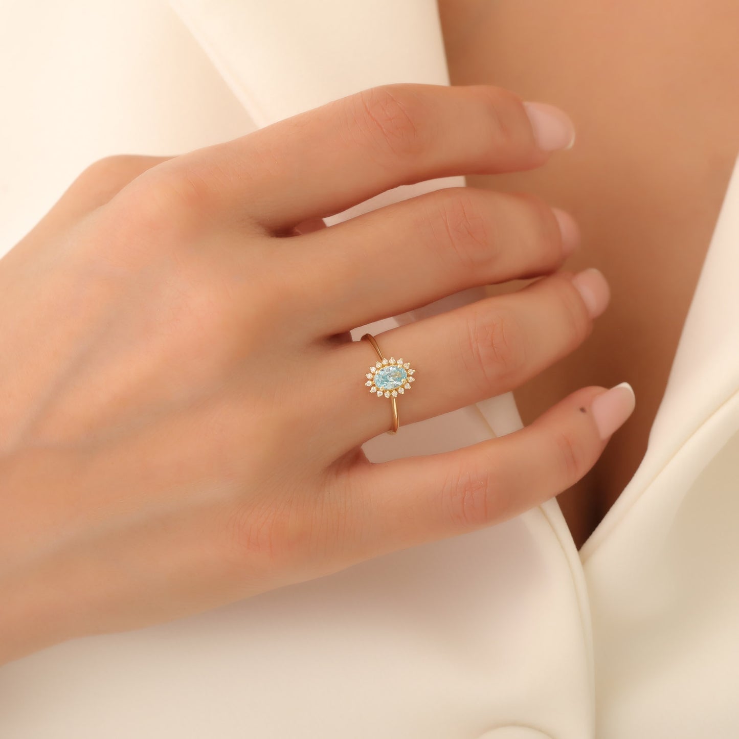 Aquamarine Oval Ring 8K/10K/14K Solid Gold Surrounded by Real Diamonds, March Birthstone Gift