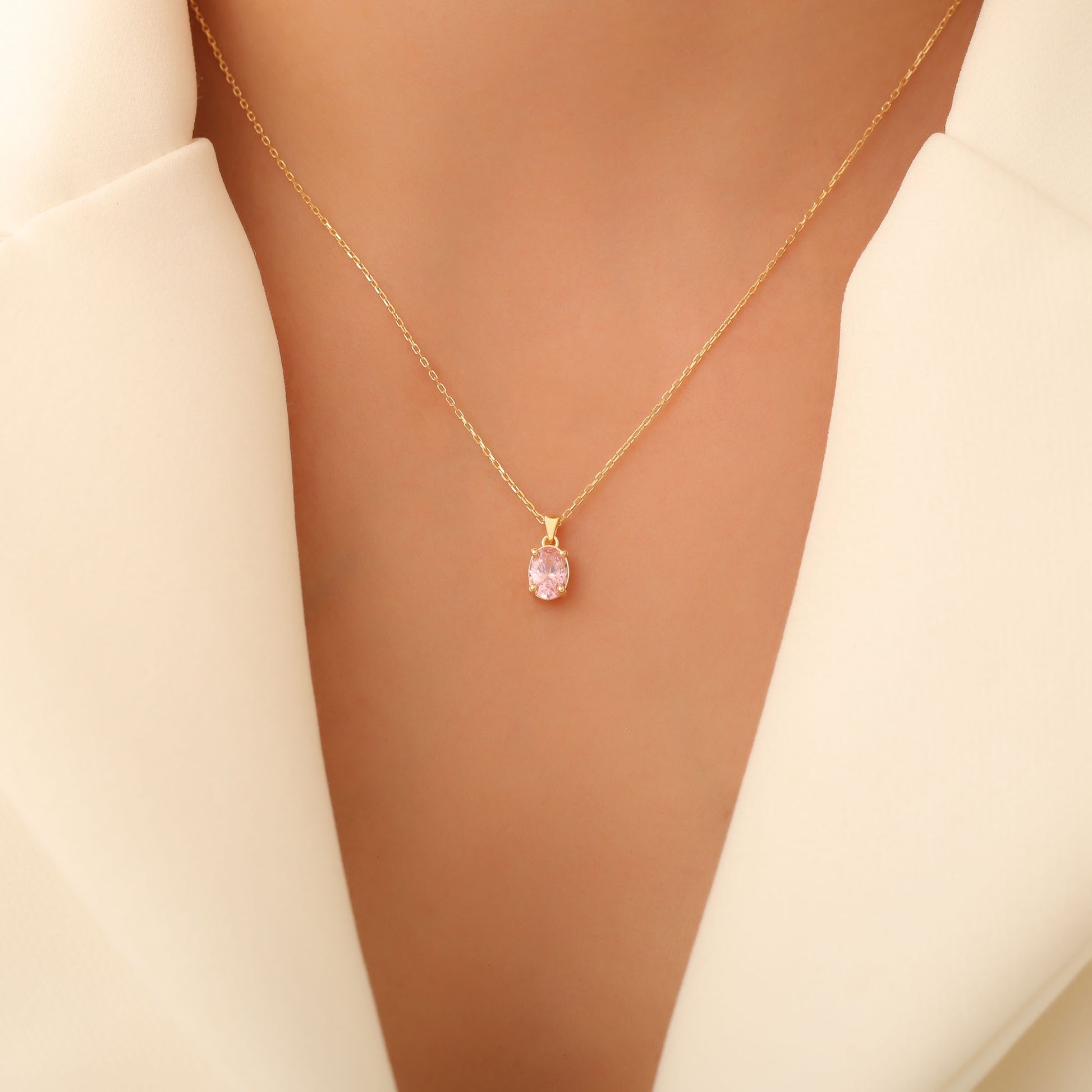 Pink Tourmaline Oval Necklace in 14K Solid Gold | October Birthstone Pendant Queen Jewelry Necklace