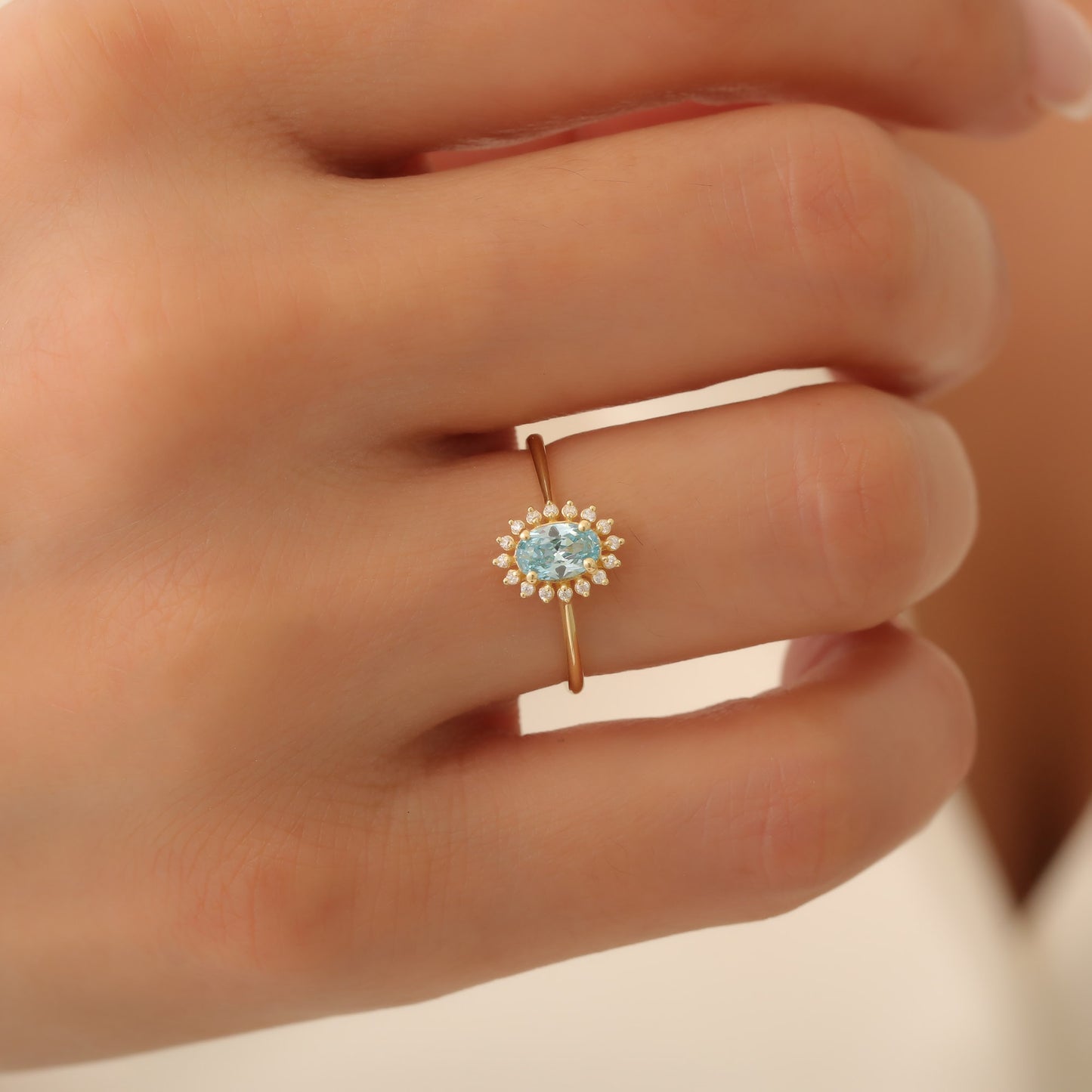 Aquamarine Oval Ring 8K/10K/14K Solid Gold Surrounded by Real Diamonds, March Birthstone Gift