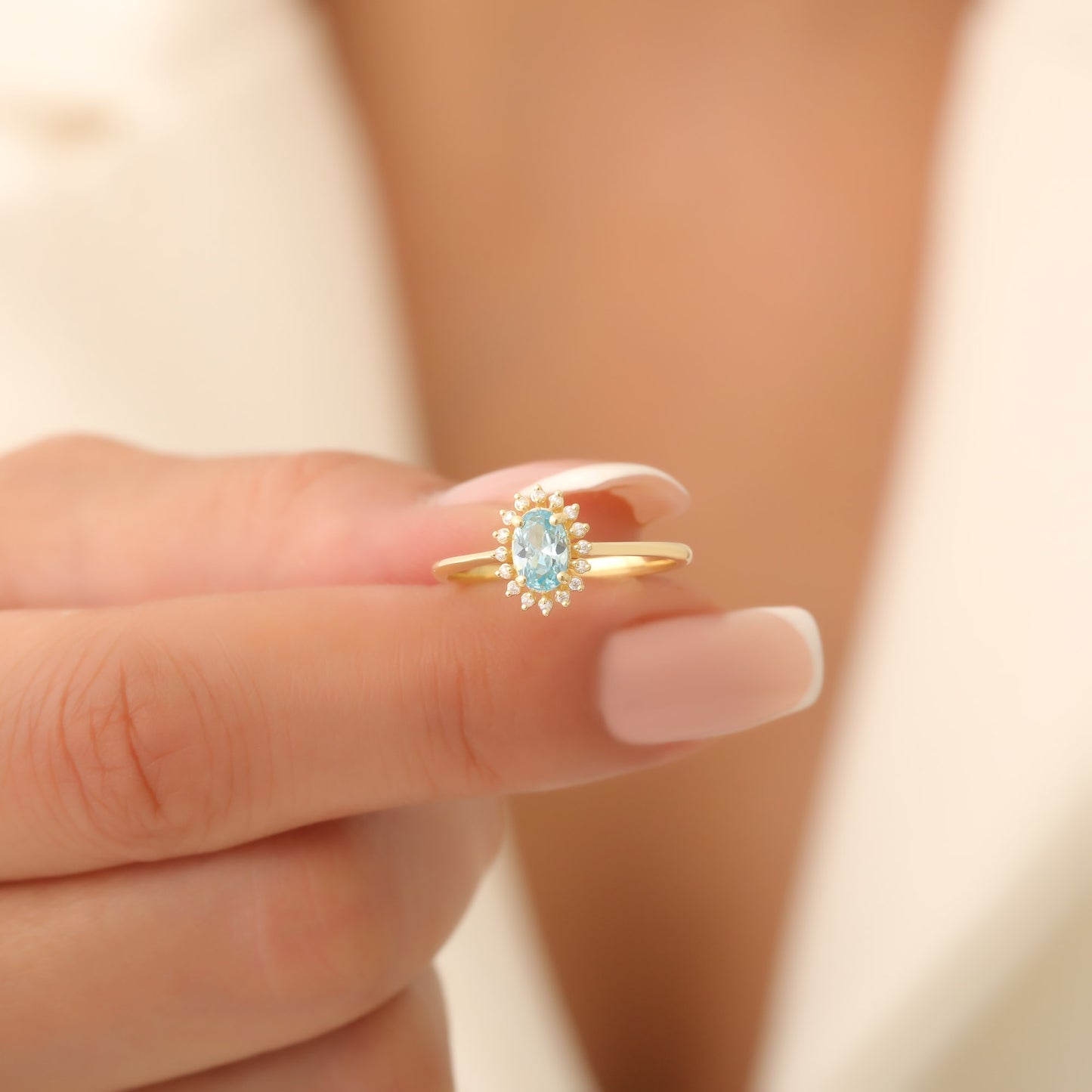 Aquamarine Oval Ring 8K/10K/14K Solid Gold Surrounded by Real Diamonds, March Birthstone Gift