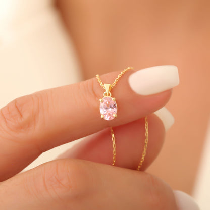 Pink Tourmaline Oval Necklace in 14K Solid Gold | October Birthstone Pendant Queen Jewelry Necklace