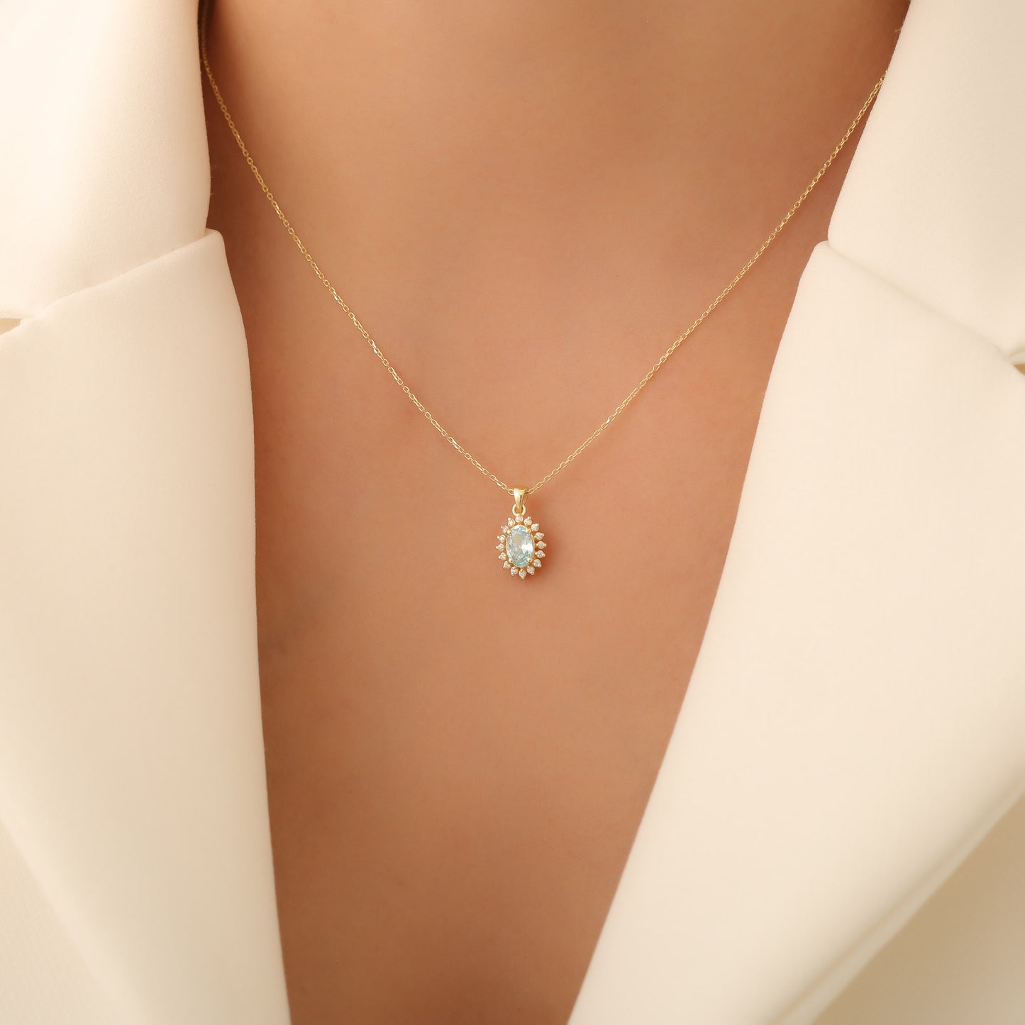 Oval Cut Aquamarine Necklace with Real Diamonds, 10K/14K Solid Gold, March Birthstone Pendant