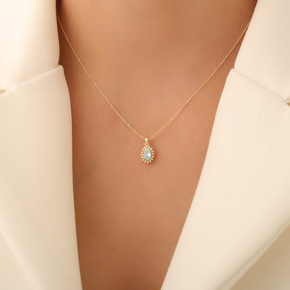 Oval Cut Aquamarine Necklace with Real Diamonds, 10K/14K Solid Gold, March Birthstone Pendant