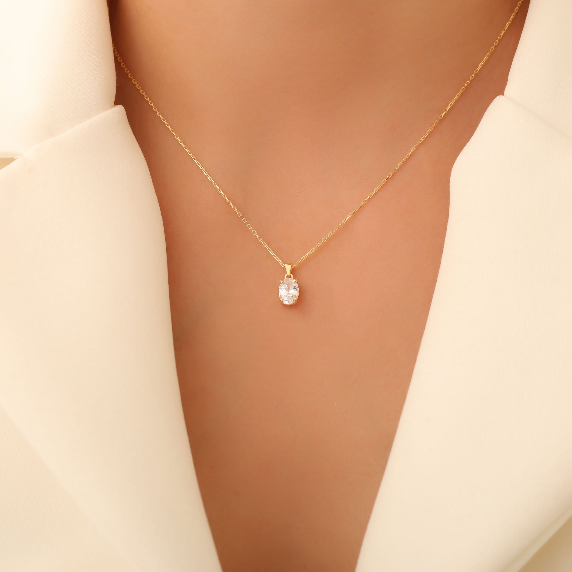 White Topaz Oval Necklace in 14K Solid Gold | April Birthstone Pendant Queen Jewelry Necklace