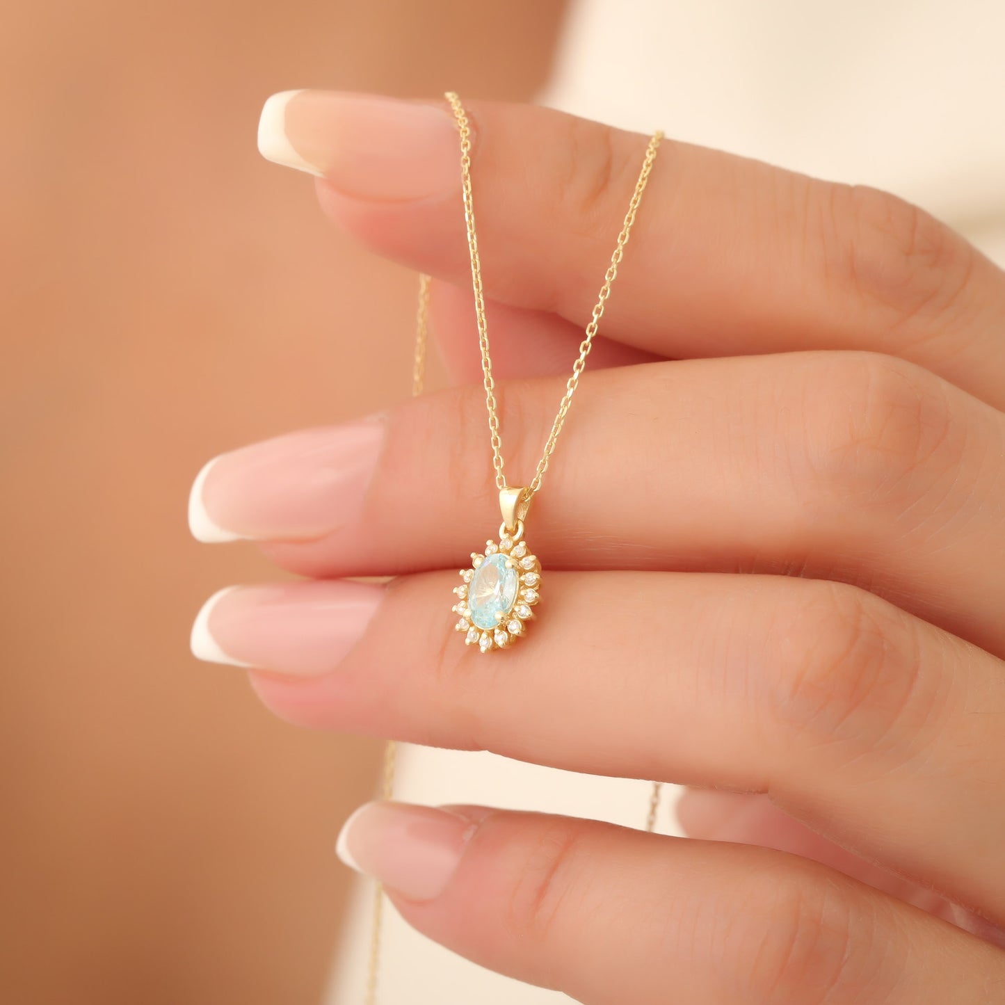 Oval Cut Aquamarine Necklace with Real Diamonds, 10K/14K Solid Gold, March Birthstone Pendant