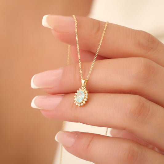 Oval Cut Aquamarine Necklace with Real Diamonds, 10K/14K Solid Gold, March Birthstone Pendant