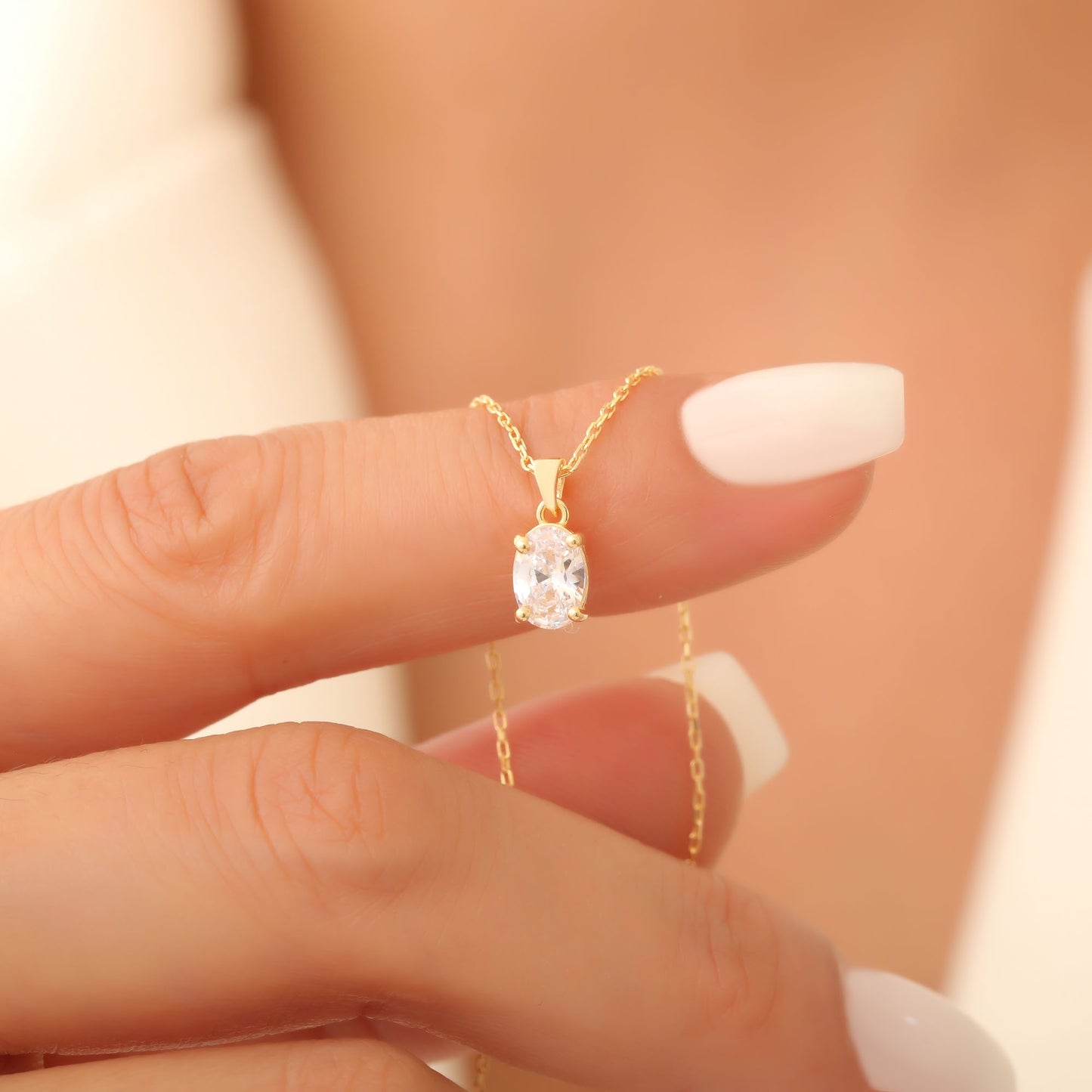 White Topaz Oval Necklace in 14K Solid Gold | April Birthstone Pendant Queen Jewelry Necklace