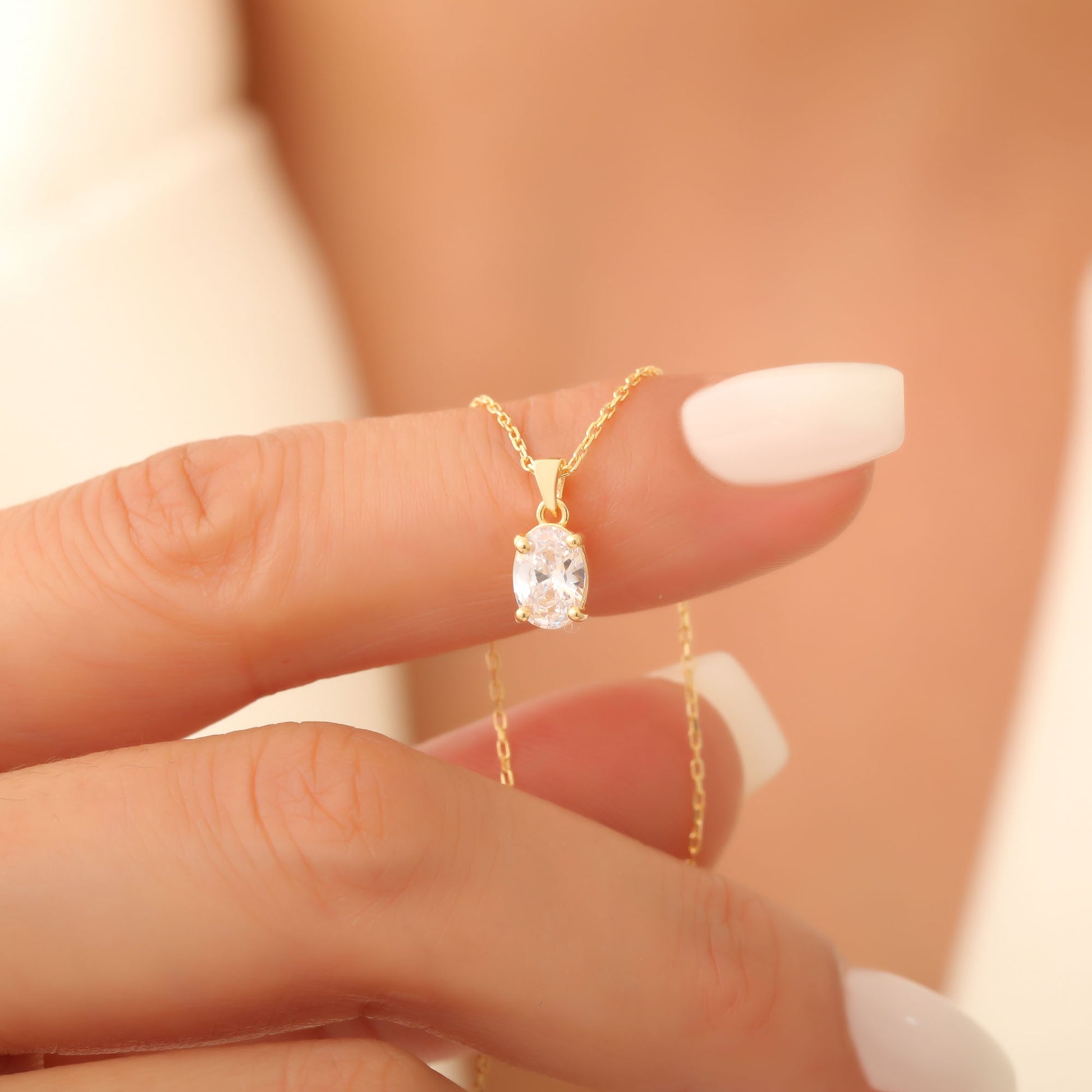 White Topaz Oval Necklace in 14K Solid Gold | April Birthstone Pendant Queen Jewelry Necklace