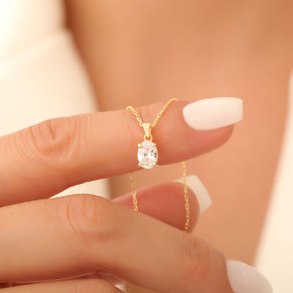White Topaz Oval Necklace in 14K Solid Gold | April Birthstone Pendant Queen Jewelry Necklace