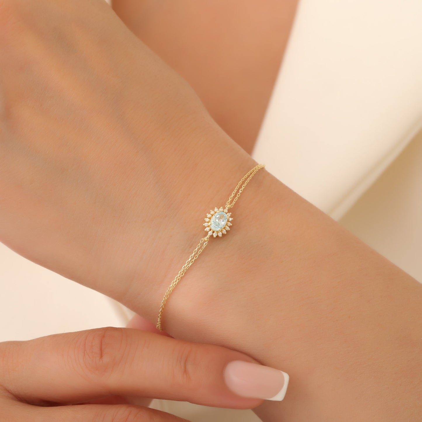 Aquamarine Oval Bracelet 8K/10K/14K Solid Gold Surrounded by Real Diamonds, March Birthstone Gift
