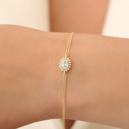 Aquamarine Oval Bracelet 8K/10K/14K Solid Gold Surrounded by Real Diamonds, March Birthstone Gift