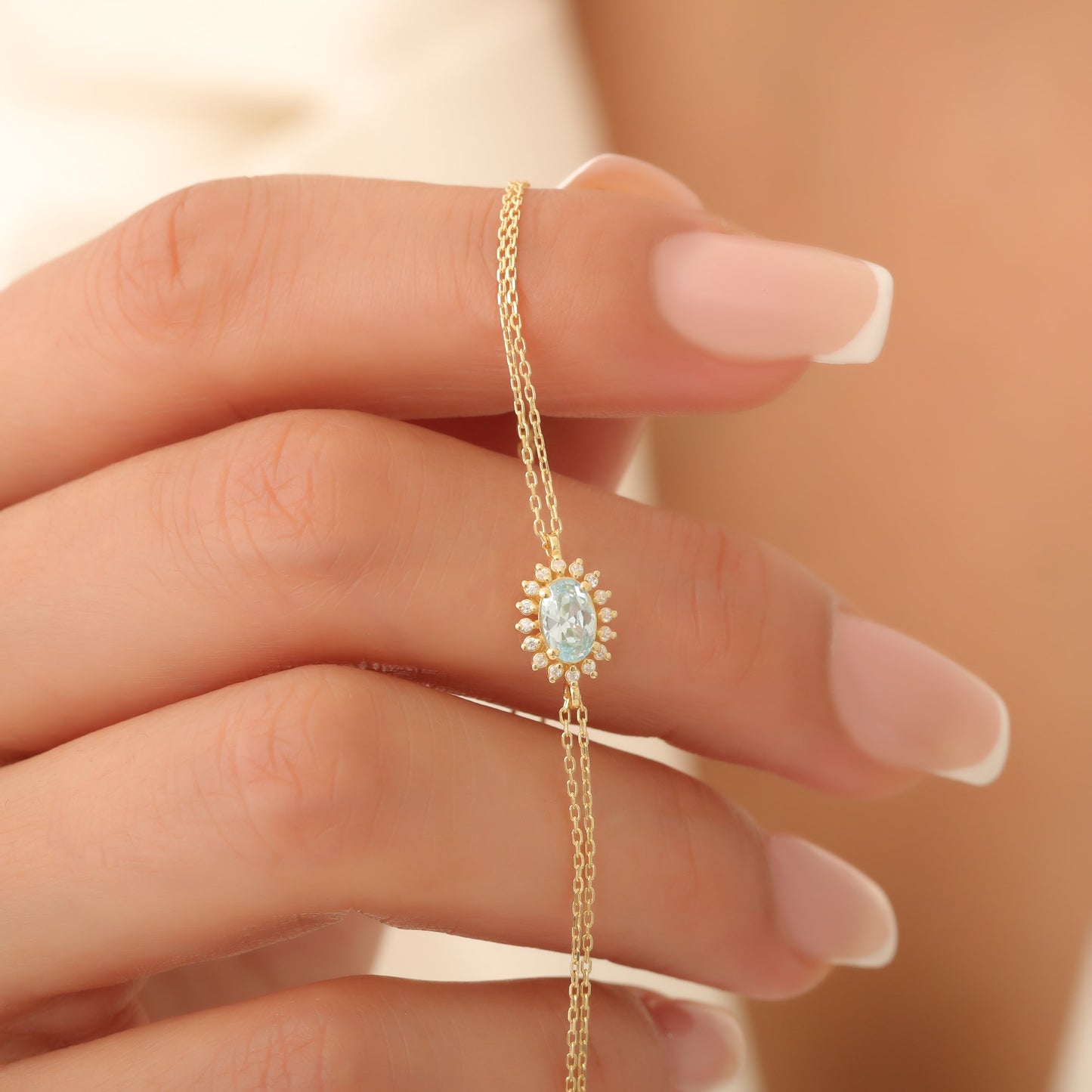 Aquamarine Oval Bracelet 8K/10K/14K Solid Gold Surrounded by Real Diamonds, March Birthstone Gift