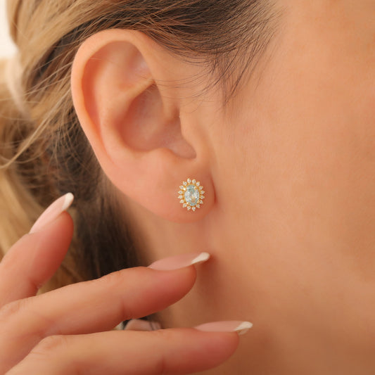 Oval Cut Aquamarine Stud Earring Surrounded by Real Diamonds, 10K/14K Solid Gold, March Birthstone
