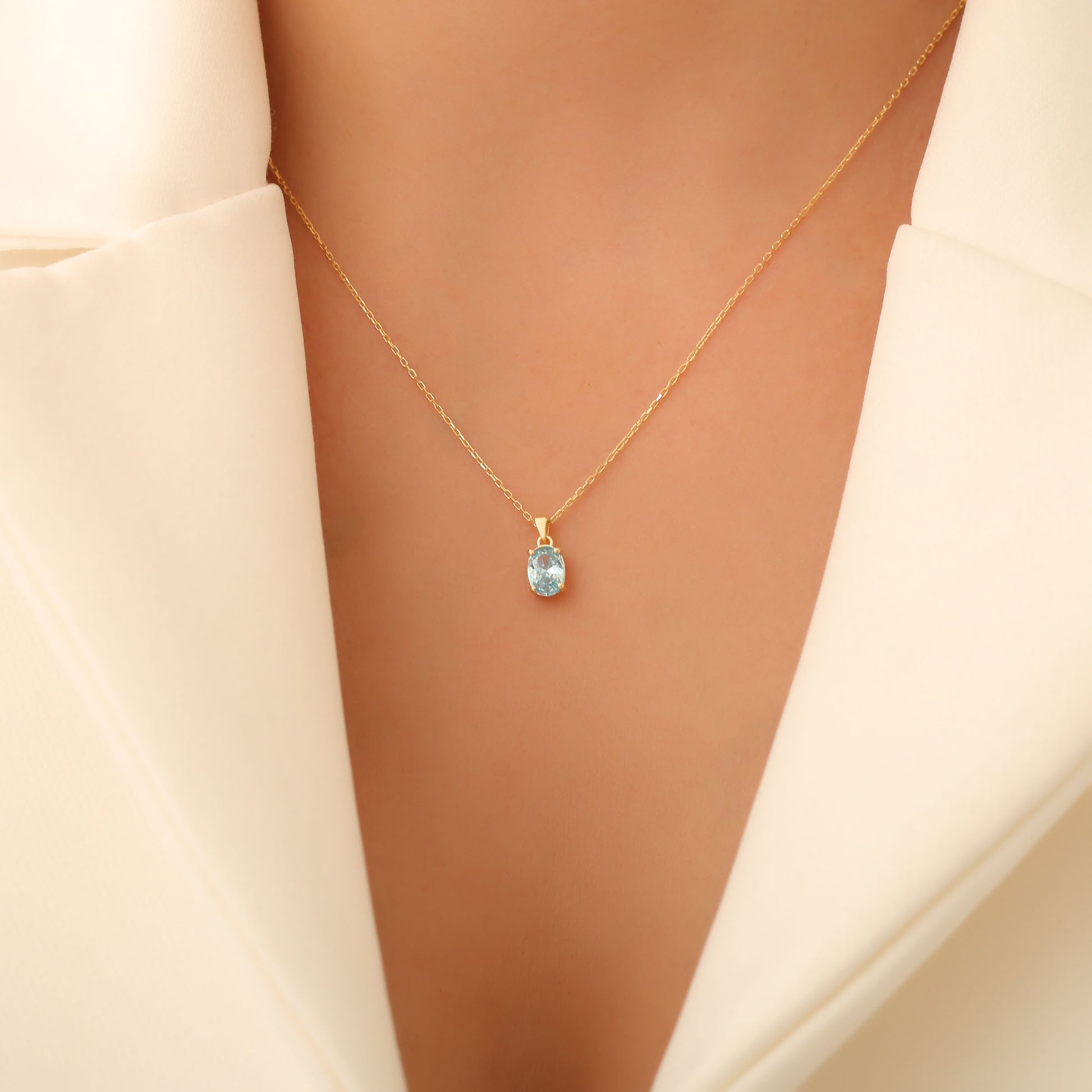 Aquamarine Oval Necklace in 14K Solid Gold | March Birthstone Pendant Queen Jewelry Necklace