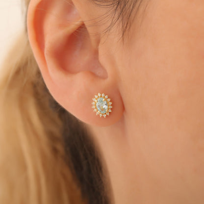 Oval Cut Aquamarine Stud Earring Surrounded by Real Diamonds, 10K/14K Solid Gold, March Birthstone