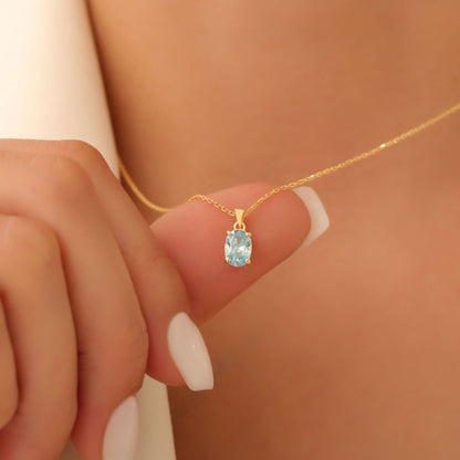 Aquamarine Oval Necklace in 14K Solid Gold | March Birthstone Pendant Queen Jewelry Necklace