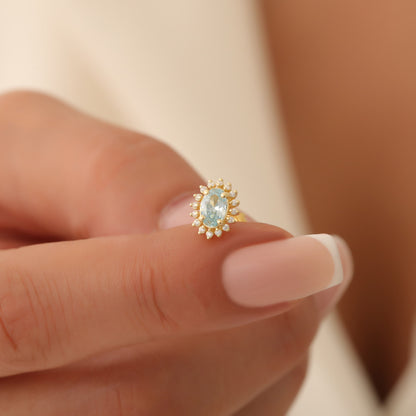 Oval Cut Aquamarine Stud Earring Surrounded by Real Diamonds, 10K/14K Solid Gold, March Birthstone
