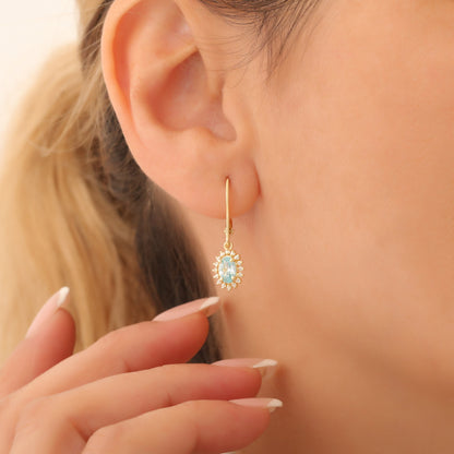 Oval Cut Aquamarine Dangling Earring Surrounded by Real Diamonds, 8K/10K/14K Solid Gold, March Birthstone