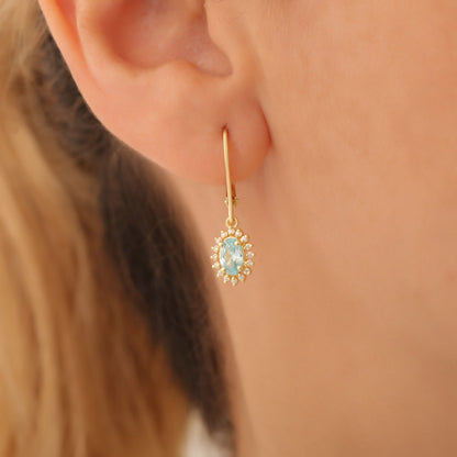 Oval Cut Aquamarine Dangling Earring Surrounded by Real Diamonds, 8K/10K/14K Solid Gold, March Birthstone