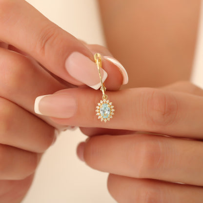 Oval Cut Aquamarine Dangling Earring Surrounded by Real Diamonds, 8K/10K/14K Solid Gold, March Birthstone