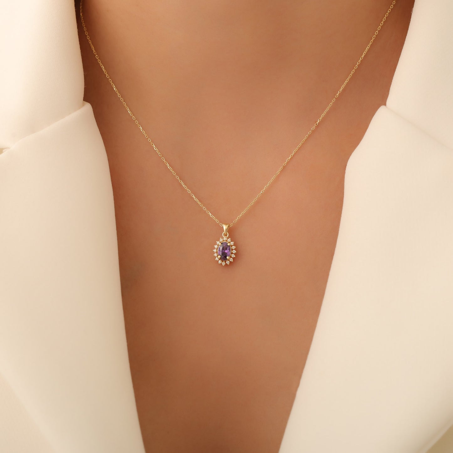 Oval Cut Amethyst Necklace with Real Diamonds, 10K/14K Solid Gold, February Birthstone Pendant