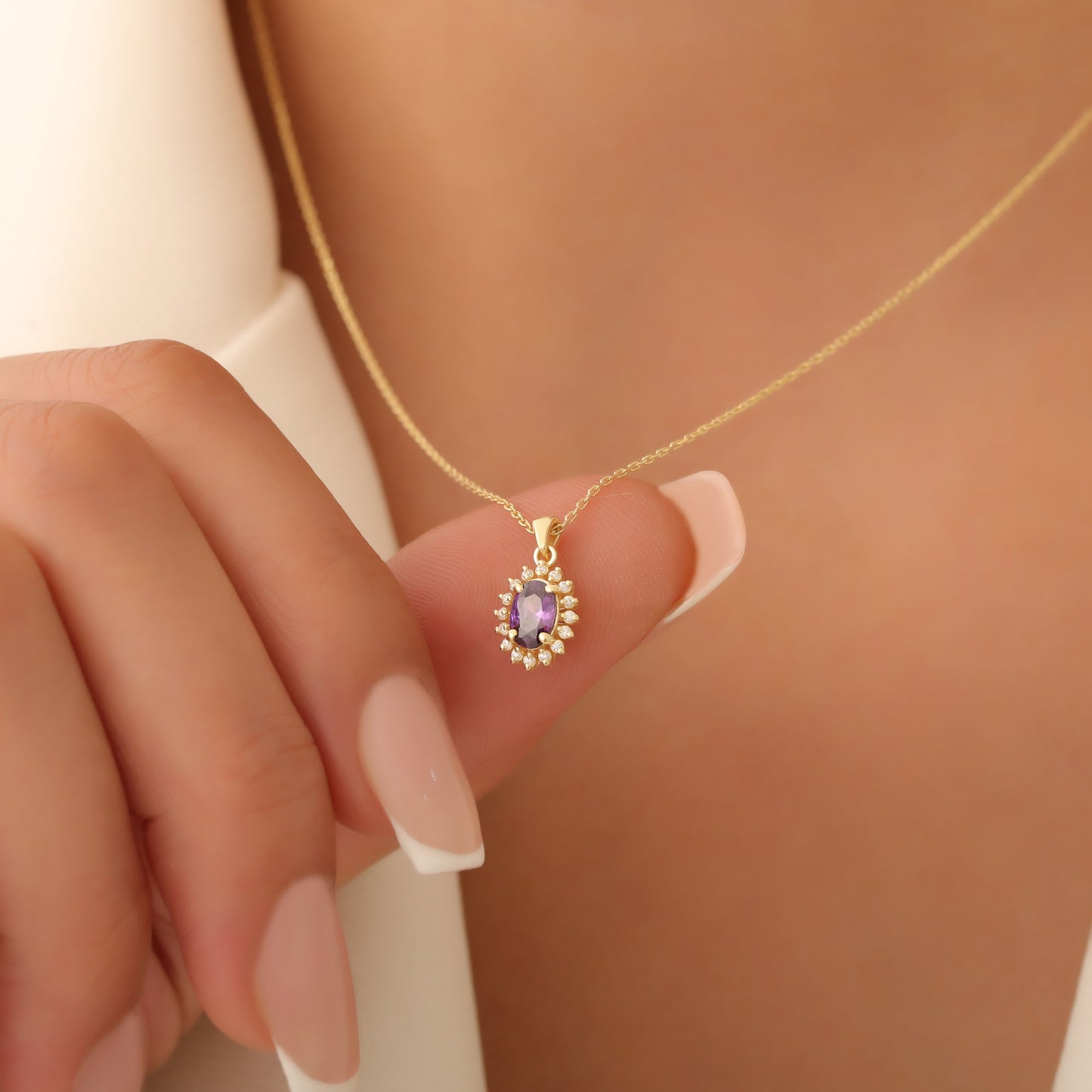 Oval Cut Amethyst Necklace with Real Diamonds, 10K/14K Solid Gold, February Birthstone Pendant