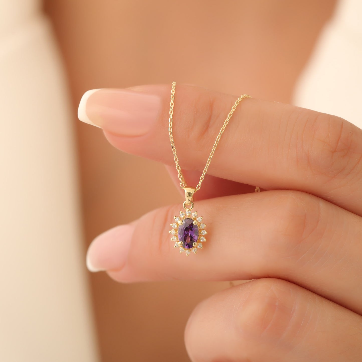 Oval Cut Amethyst Necklace with Real Diamonds, 10K/14K Solid Gold, February Birthstone Pendant