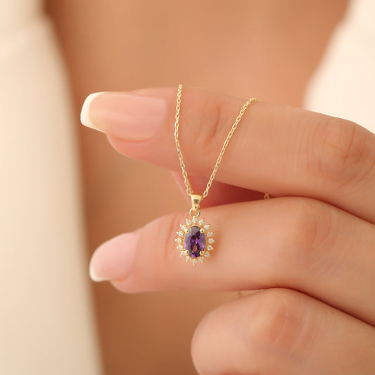 Oval Cut Amethyst Necklace with Real Diamonds, 10K/14K Solid Gold, February Birthstone Pendant