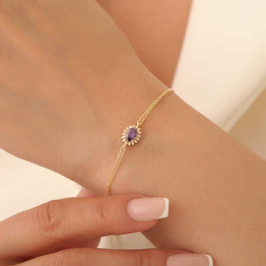 Amethyst Oval Bracelet 8K/10K/14K Solid Gold Surrounded by Real Diamonds, February Birthstone Gift