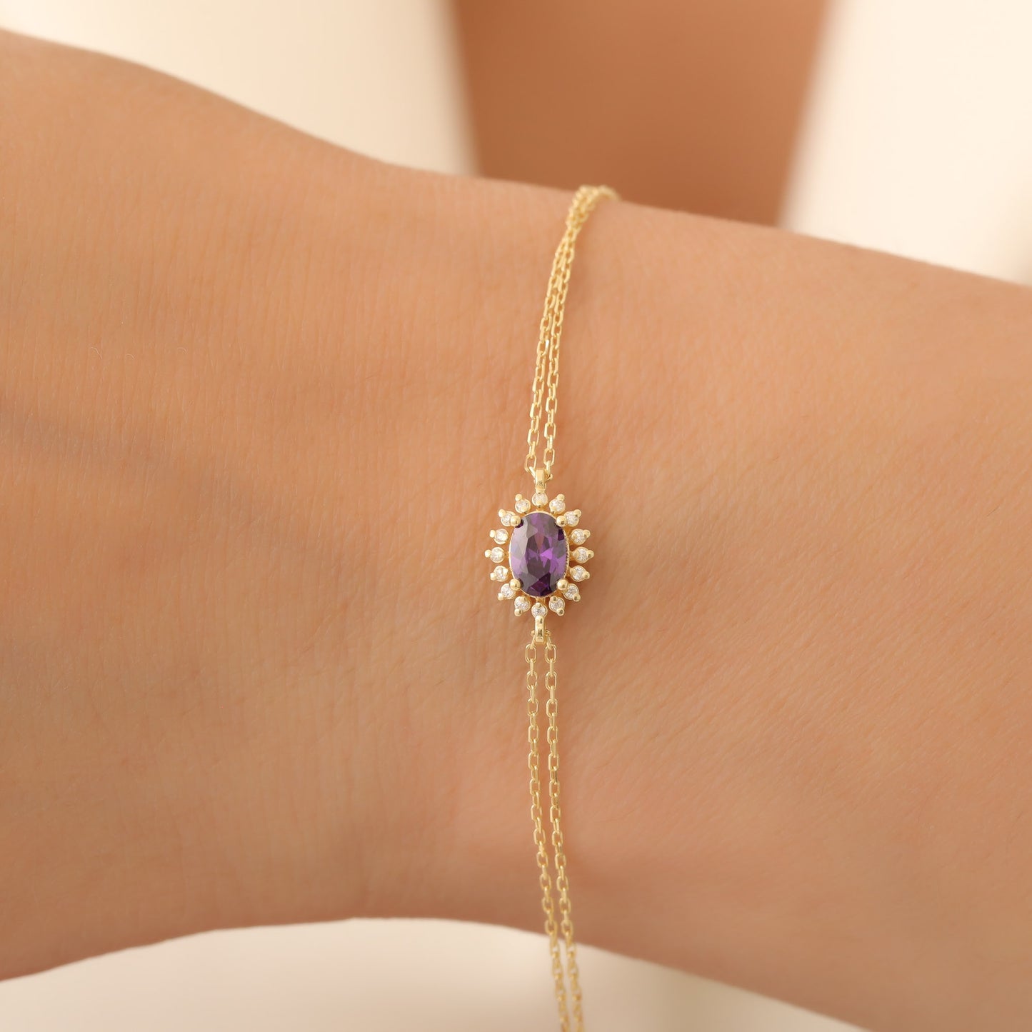 Amethyst Oval Bracelet 8K/10K/14K Solid Gold Surrounded by Real Diamonds, February Birthstone Gift