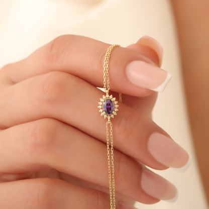 Amethyst Oval Bracelet 8K/10K/14K Solid Gold Surrounded by Real Diamonds, February Birthstone Gift