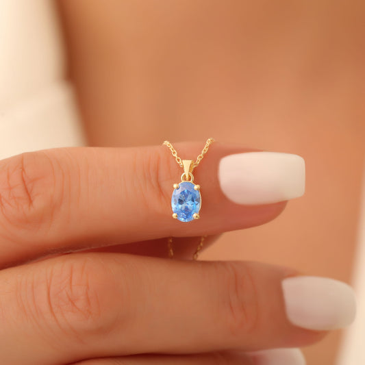 Blue Topaz Oval Necklace in 14K Solid Gold | December Birthstone Pendant Queen Jewelry Necklace