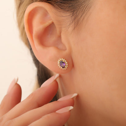 Oval Cut Amethyst Stud Earring Surrounded by Real Diamonds, 10K/14K Solid Gold, February Birthstone
