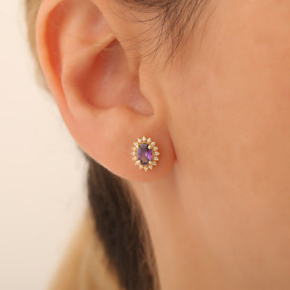 Oval Cut Amethyst Stud Earring Surrounded by Real Diamonds, 10K/14K Solid Gold, February Birthstone