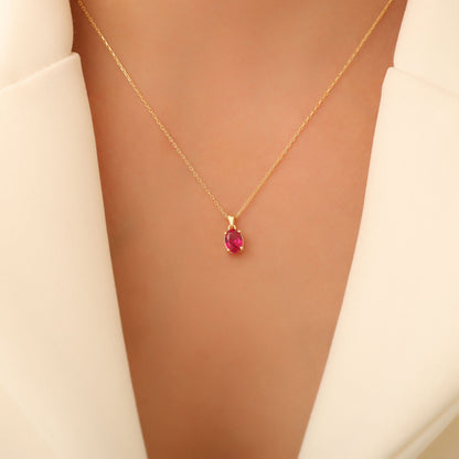 Ruby Oval Necklace in 14K Solid Gold | July Birthstone Pendant Queen Jewelry Necklace