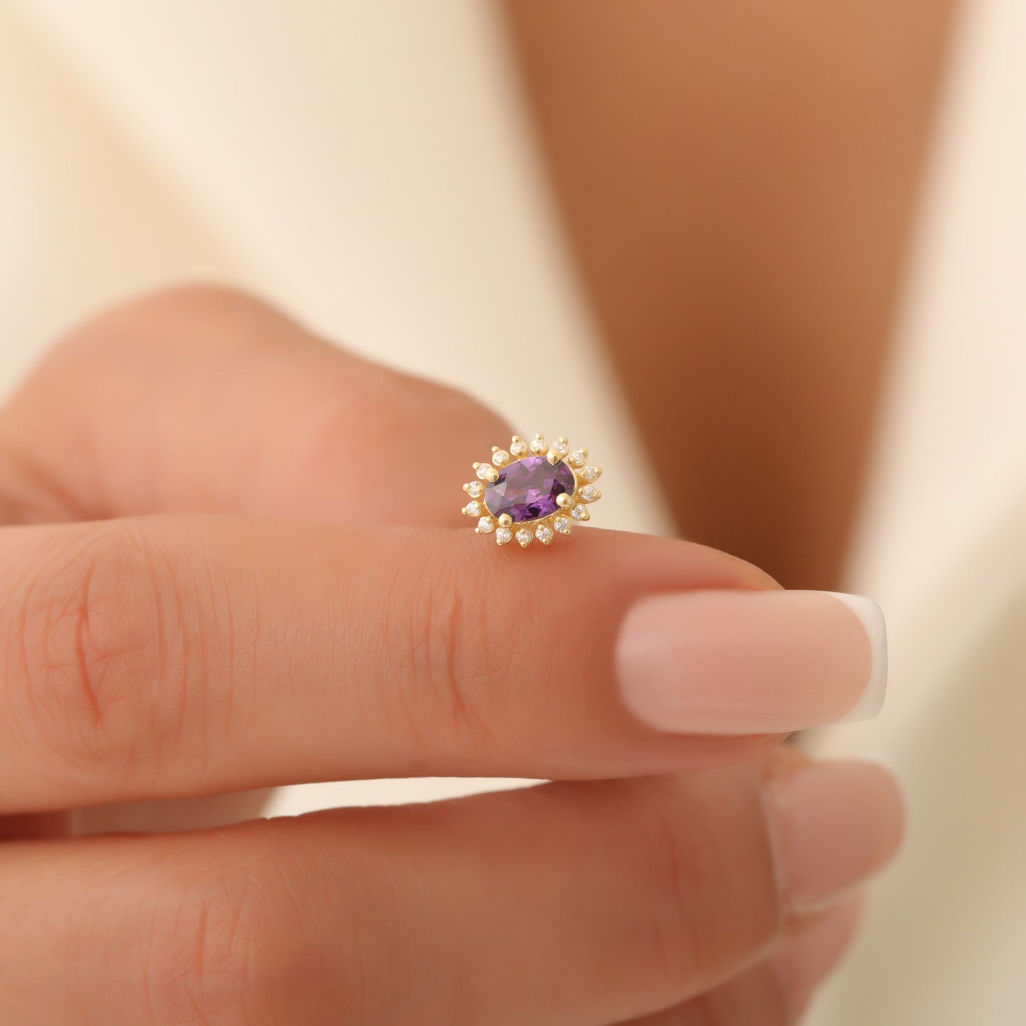 Oval Cut Amethyst Stud Earring Surrounded by Real Diamonds, 10K/14K Solid Gold, February Birthstone
