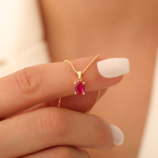 Ruby Oval Necklace in 14K Solid Gold | July Birthstone Pendant Queen Jewelry Necklace