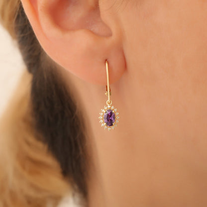 Oval Cut Amethyst Dangling Earring Surrounded by Real Diamonds, 8K/10K/14K Solid Gold, February Birthstone